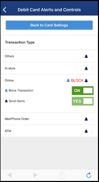 debit card alerts and controls transaction type options
