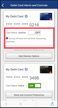 debit card alerts and controls card status inactive