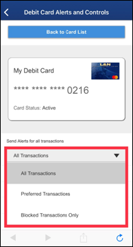 debit card alerts and controls send alerts for all transactions options