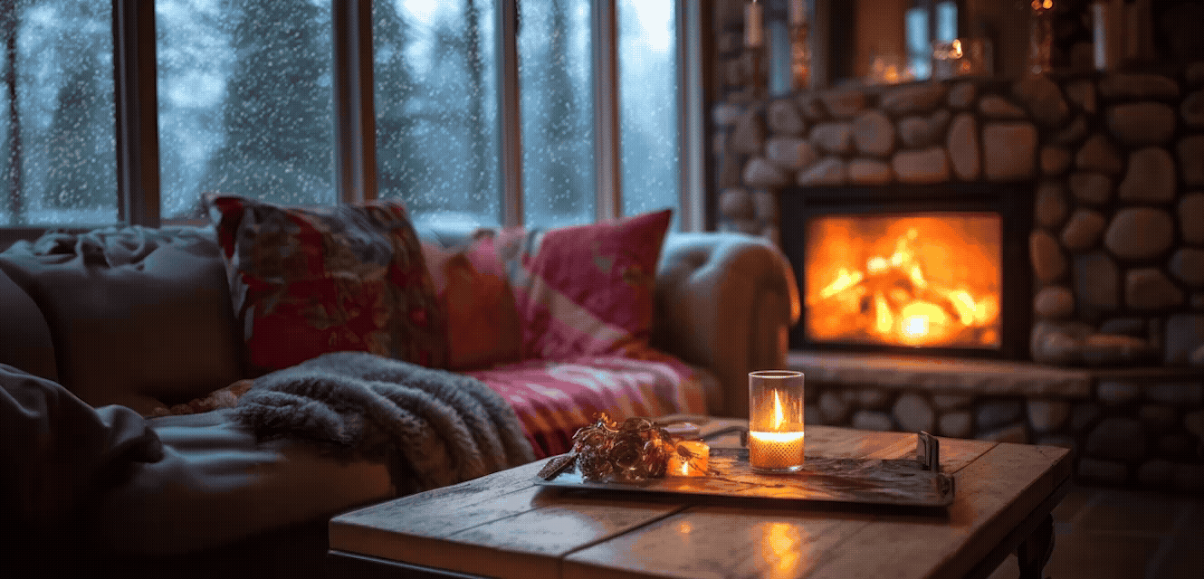 Cozy home interior with fireplace and candle.