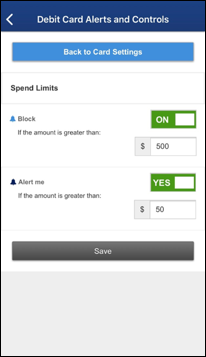 debit card alerts and controls spend limits options